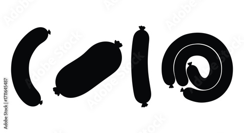 Four black sausage silhouettes various shapes and styles for food design vector