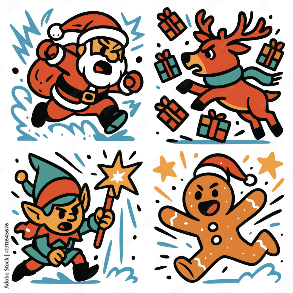 Fototapeta premium Santa Claus, reindeer, elf, and gingerbread man cartoon characters with gifts and festive energy