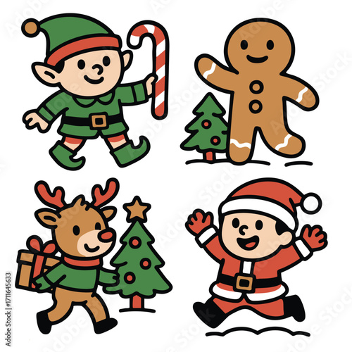 Christmas elf holding candy cane, gingerbread man, reindeer with gift, Santa Claus, festive mood