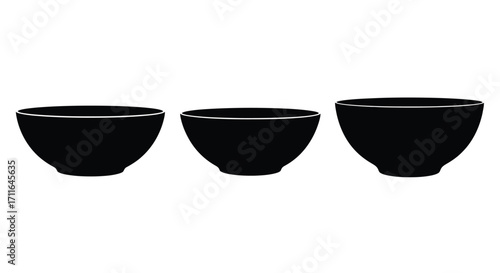 Three empty black ceramic bowls arranged side by side studio shot for culinary or decorative use vector