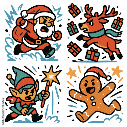 Santa Claus, reindeer, elf, and gingerbread man cartoon characters with gifts and festive energy