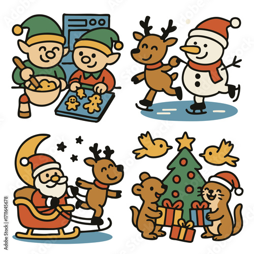 Wallpaper Mural Christmas elf baking cookies, reindeer skating with snowman, Santa with reindeer, animals Torontodigital.ca