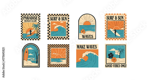 Retro surf art collection with paradise beach club, waves, and good vibes for summer fun