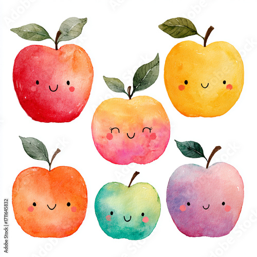 Cute Watercolor kawaii Apples with Happy Faces
