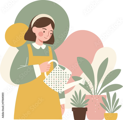vector illustration of a young girl in a sun hat watering plants for an International Day of the Girl Child theme of nurturing growth and environmental care.