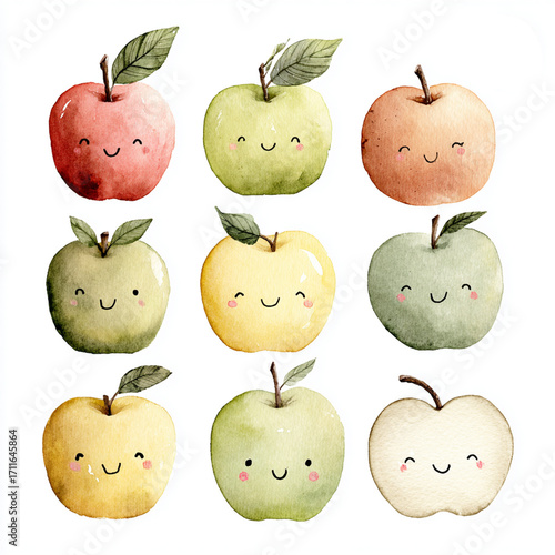 Cute Watercolor kawaii Apples with Happy Faces