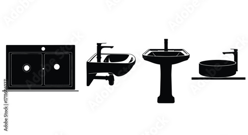 Set of modern bathroom sinks and vanity cabinets in a clean silhouette style vector