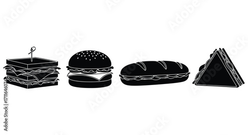 Diverse fast food sandwich collection silhouette collection freshly made appetizing burger and sandwiches vector