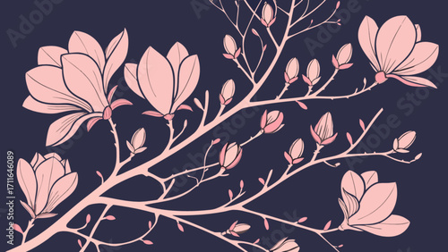 Illustration of pink magnolia flowers and buds on branches against a dark blue background design art
