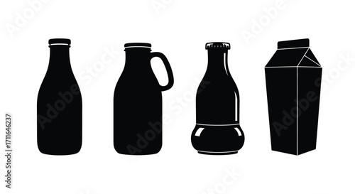 Set of silhouette milk bottles and carton simple graphic icons beverage container collection vector