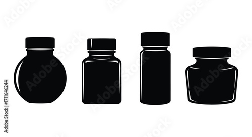 Four dark glass bottles with black caps isolated on white for pharmaceutical or cosmetic packaging vector
