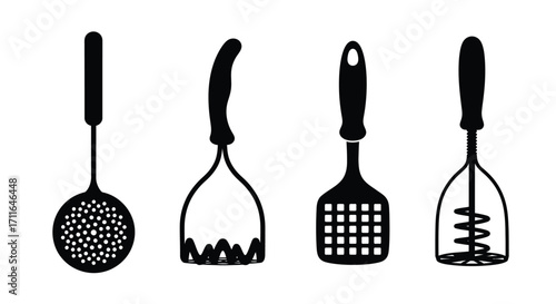 Four kitchen utensils silhouette collection potato masher spoon strainer whisk collection vector