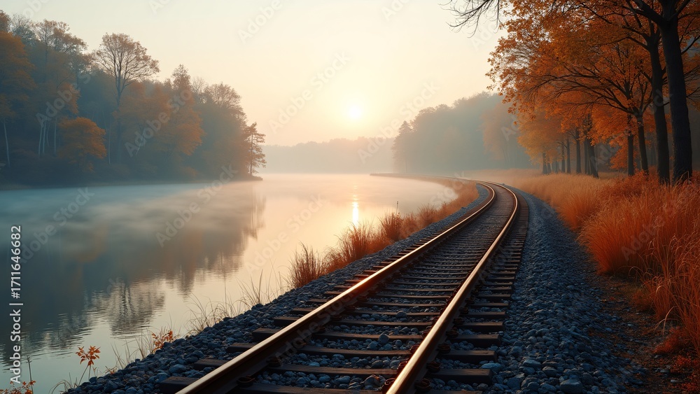 Fototapeta premium Curved Railway by River at Autumn Dawn