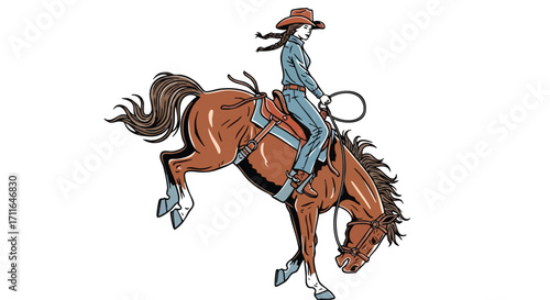 Dynamic cowgirl riding bucking bronco with determination and skill, western lifestyle