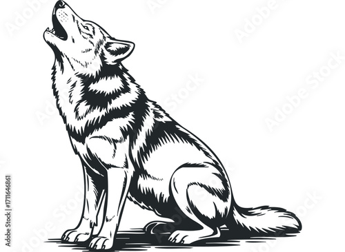 Howling wolf line drawing. Vector hand drawn illustration