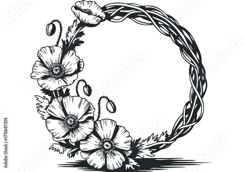 Poppy floral circular wreath, hand drawn ink style. Vector hand drawn illustration