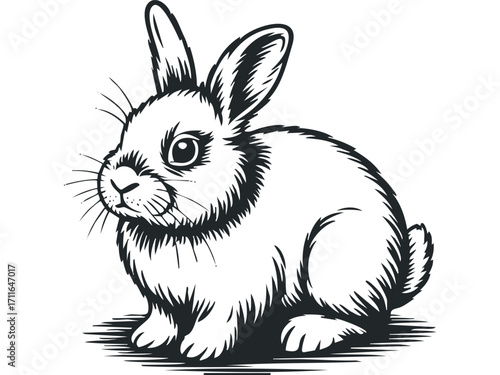 Fluffy rabbit sitting on surface with grass detail. Vector hand drawn illustration