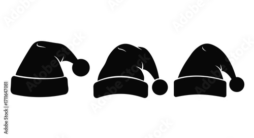 Three black santa hats silhouette festive holiday headwear christmas icon collection vector