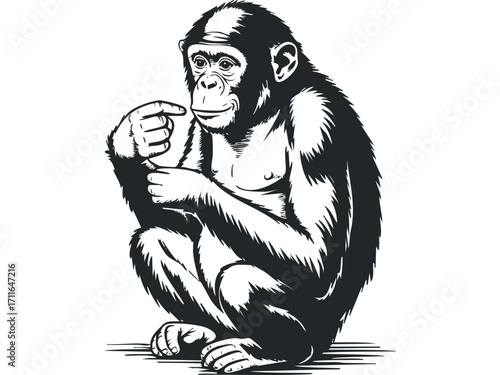 Chimpanzee sitting with finger raised in a thoughtful pose. Vector hand drawn illustration