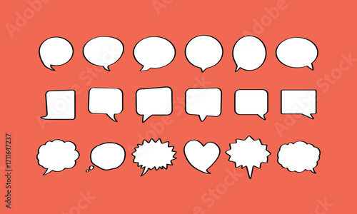 A versatile hand-drawn vector set of speech bubbles and thought bubbles. Perfect for comic books, social media, and communication designs. Includes various shapes like circles, squares, stars, heart