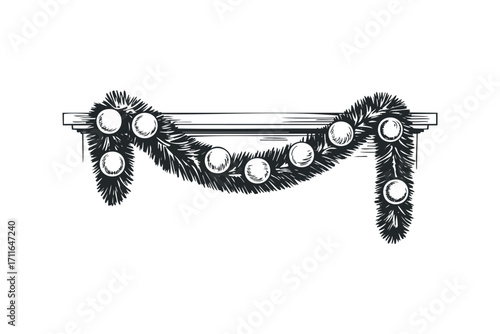 Christmas garland with baubles on a transparent background. Vector hand drawn illustration