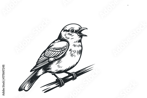 Singing bird perched on a branch on transparent. Vector hand drawn illustration