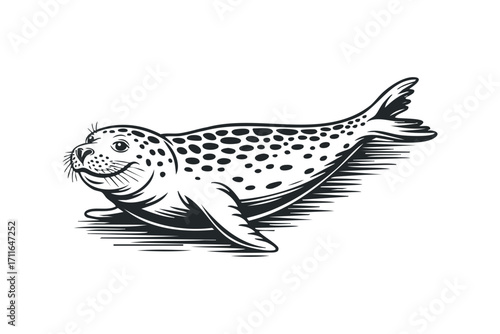 Cute seal lying down with spots on transparent background. Vector hand drawn illustration