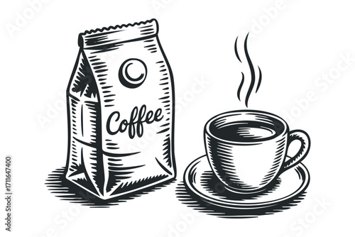 Coffee cup with steam and coffee bag on transparent background. Vector hand drawn illustration