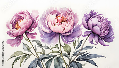 Charming watercolor illustration of classic peonies, with vibrant petals and realistic green leaves, on a bright white surface.