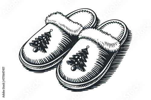 Paire of fluffy slippers with Christmas tree motif on transparent background. Vector hand drawn illustration
