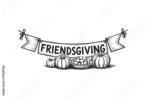 Friendsgiving text on banner with pumpkins and bowl. Vector hand drawn illustration