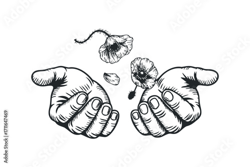 Hands offering poppy flowers and petals. Vector hand drawn illustration