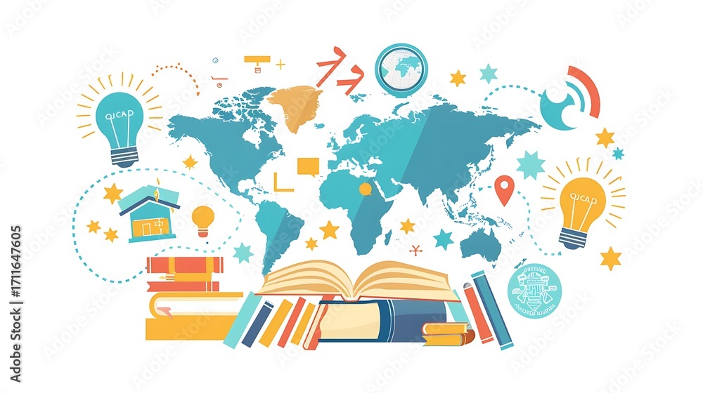 Fototapeta premium Colorful world map illustration with books, light bulbs, and various educational symbols, creating a vibrant and engaging design.