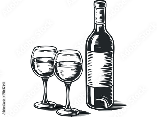 Two Wine Glasses and Bottle Illustration on Transparent Background. Vector hand drawn illustration