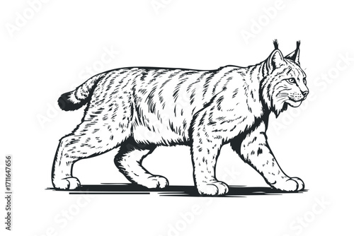 Lynx walking on white. Vector hand drawn illustration