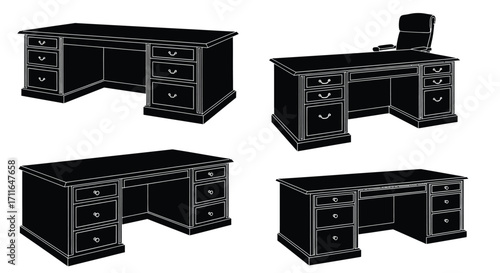 Classic executive desks collection in detailed line art style for office and home vector