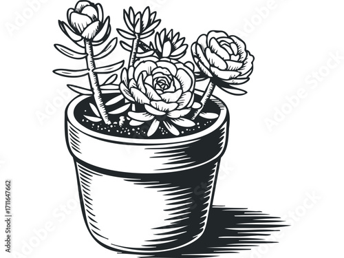 Potted succulent plants graphic on transparent background. Vector hand drawn illustration
