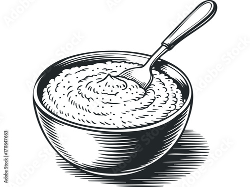 Bowl of mashed potatoes with fork on transparent background. Vector hand drawn illustration