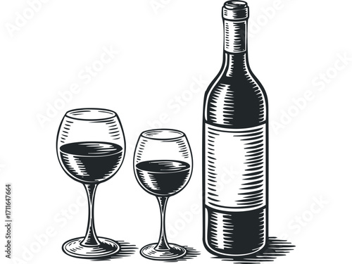 Black and white line drawing of a wine bottle and two glasses of wine on a transparent background. Vector hand drawn illustration