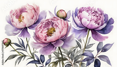 High-quality watercolor illustration of a charming peony pattern, ideal for a bright white background, symbolizing prosperity and honor.