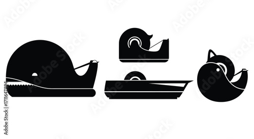 Collection of iconic black silhouette tape dispensers and rolls various sizes and designs vector