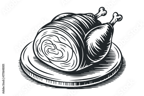 Cooked whole chicken on a serving platter. Vector hand drawn illustration