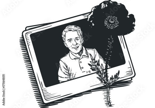 Line drawing of a man smiling in a polaroid with a poppy flower on a transparent background. Vector hand drawn illustration