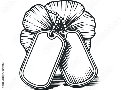 Poppy Flower With Military Dog Tags On Transparent. Vector hand drawn illustration