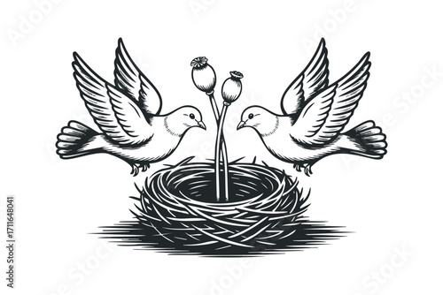 Two doves facing each other over a nest with poppy seed pods. Vector hand drawn illustration