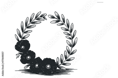 Floral wreath with poppy flowers and leaves on transparent background. Vector hand drawn illustration
