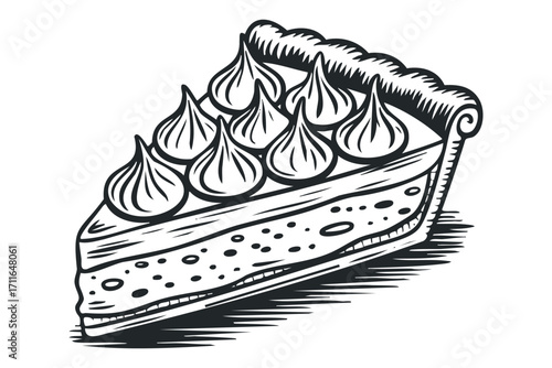 Piping Bag Swirls on Creamy Pie Slice. Vector hand drawn illustration