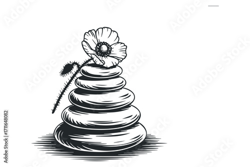 Stacked polished stones with poppy stem and flower on transparent background. Vector hand drawn illustration