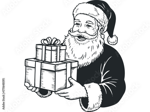 Classic Santa Claus holding gift boxes with drawn texture. Vector hand drawn illustration