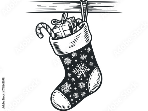 Christmas stocking filled with gifts and candy cane on a transparent background. Vector hand drawn illustration